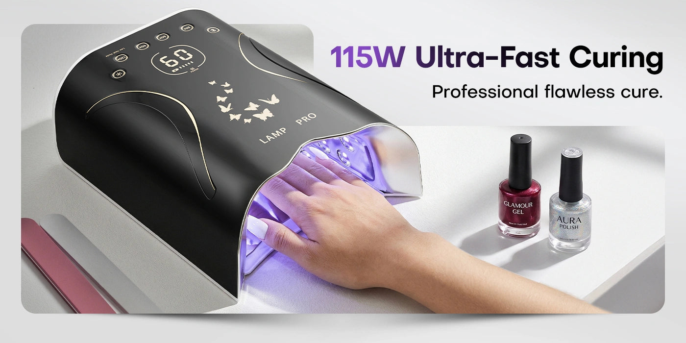 A woman's hand is comfortably placed inside the black Gugusure UV nail dryer, demonstrating the 115W ultra-fast curing process for gel polish. The powerful light ensures a professional and flawless cure for all types of gel, providing reliable performance for a perfect manicure every time.
