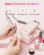 Pink portable electric nail file being used on natural nails, highlighting 35000 RPM speed, ultra-quiet tech, and low heat design.