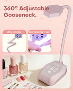Demonstration of the 360-degree adjustable gooseneck nail lamp curing gel polish at any angle without tipping over.