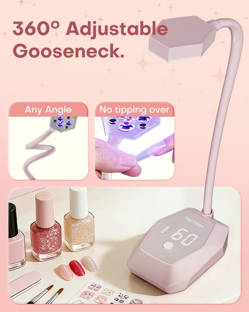 Demonstration of the 360-degree adjustable gooseneck nail lamp curing gel polish at any angle without tipping over.