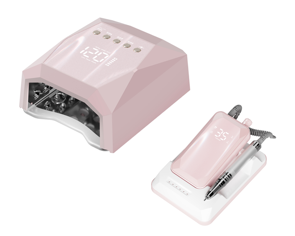 Gugusure pink nail bundle featuring a 120W UV LED gel lamp and a matching 35K RPM portable electric nail drill.