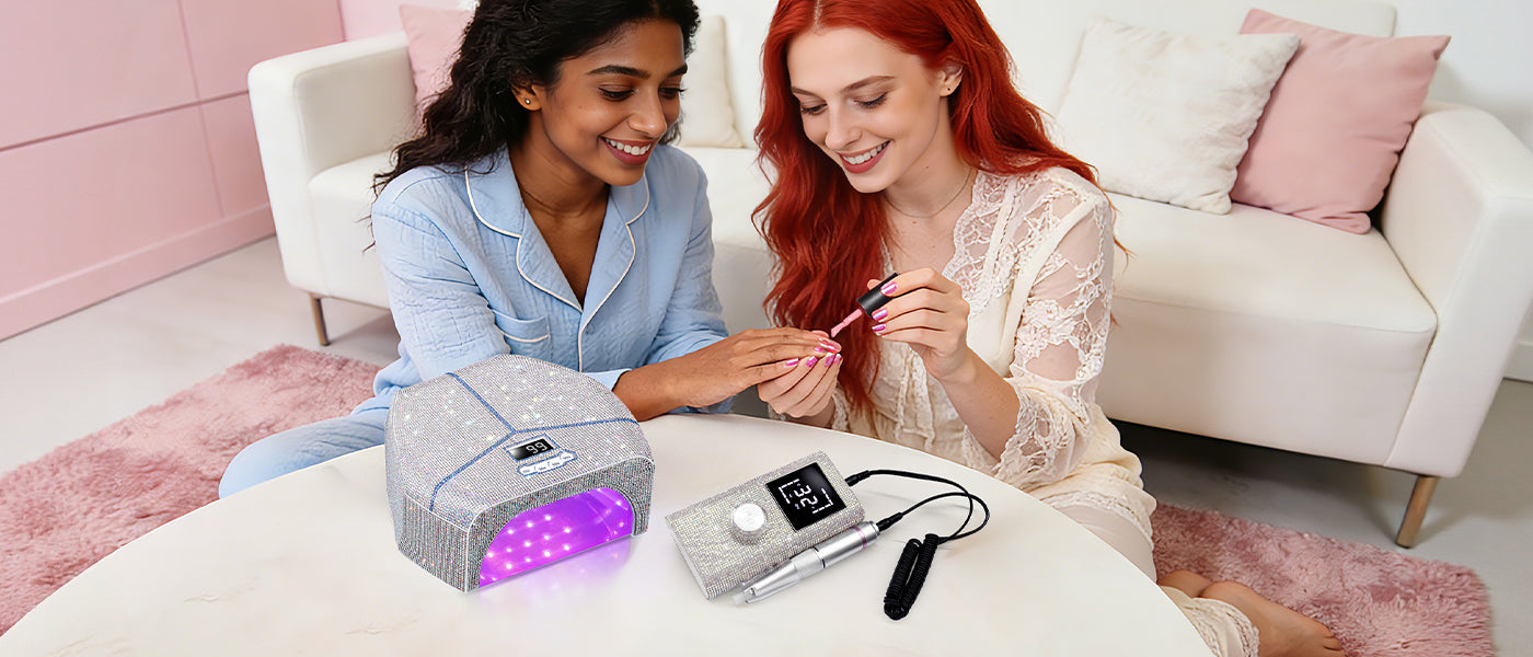 Gugusure 2-piece home manicure bundle. Features a professional UV LED nail lamp paired with a matching electric nail drill. The essential duo for gel polish removal and curing.
