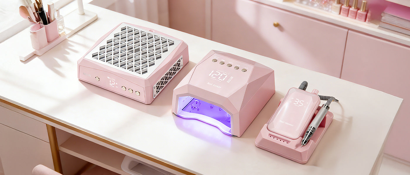 Gugusure complete home manicure bundle featuring a matching pink nail lamp, electric nail drill, and dust collector. The ultimate all-in-one nail tech starter kit for a professional desk setup.