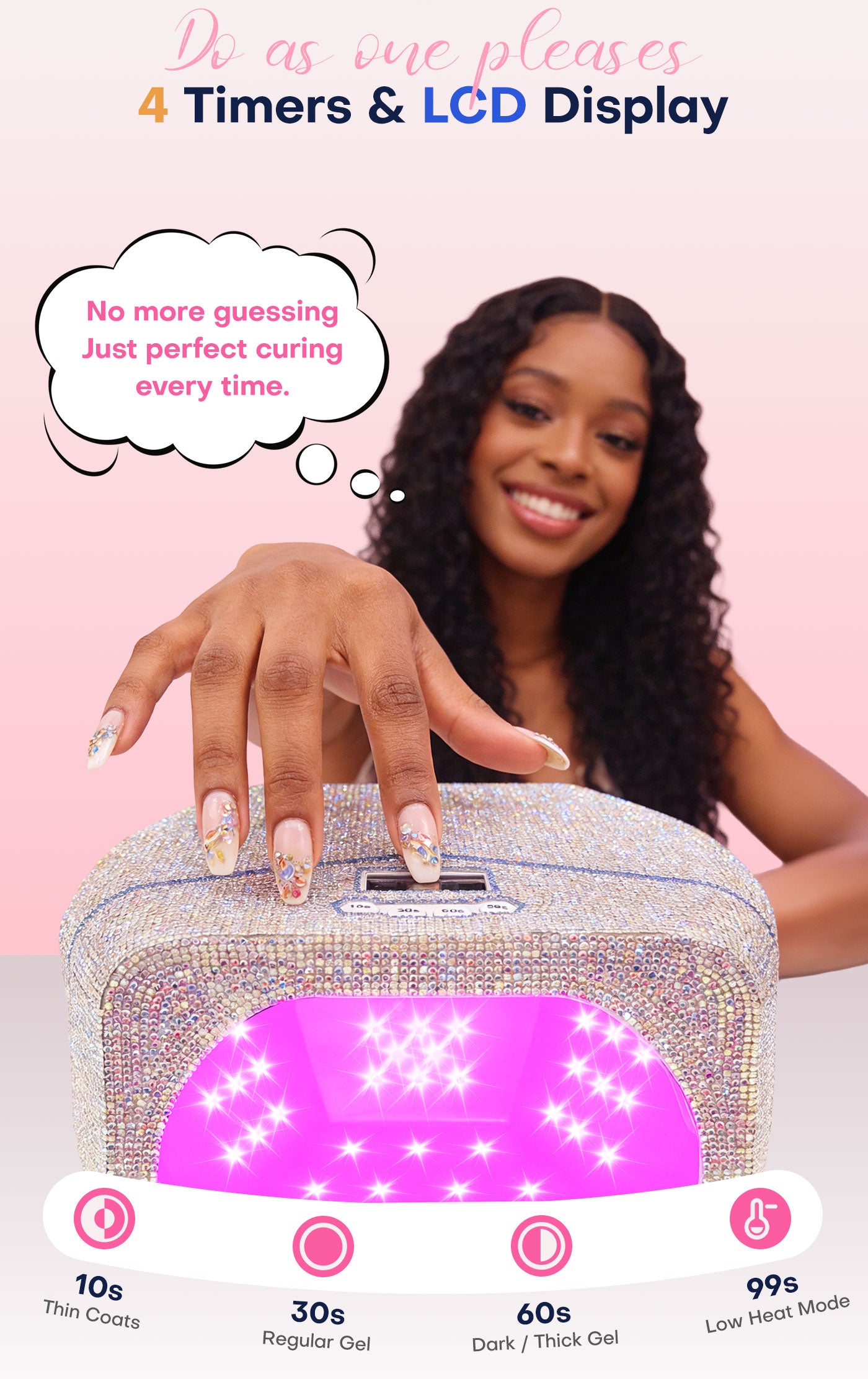 Gugusure rhinestone UV LED nail lamp with 4 timer settings (10s/30s/60s/99s) and LCD display, ensuring precise, perfect curing for every manicure