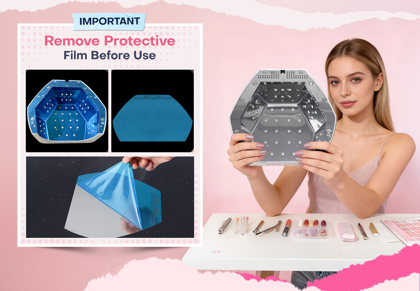 Important user instruction: Remove the protective film from the Gugusure rhinestone UV LED nail lamp before first use for optimal performance