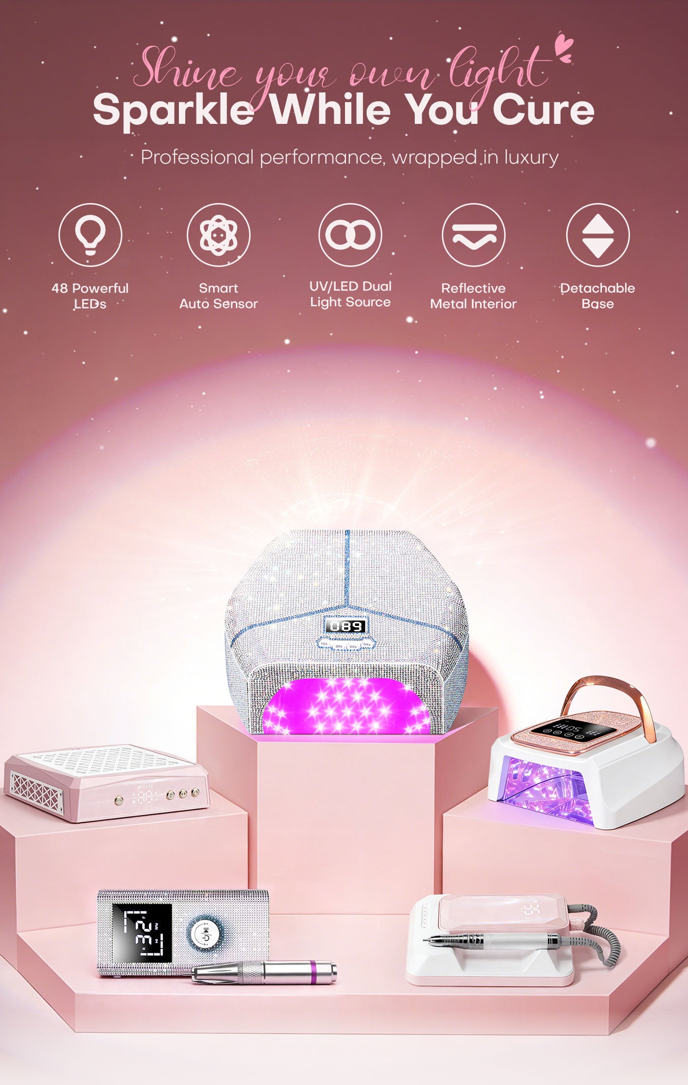 Luxury Gugusure rhinestone UV LED nail lamp and professional nail tools displayed on pink platforms, featuring salon-quality performance and elegant design