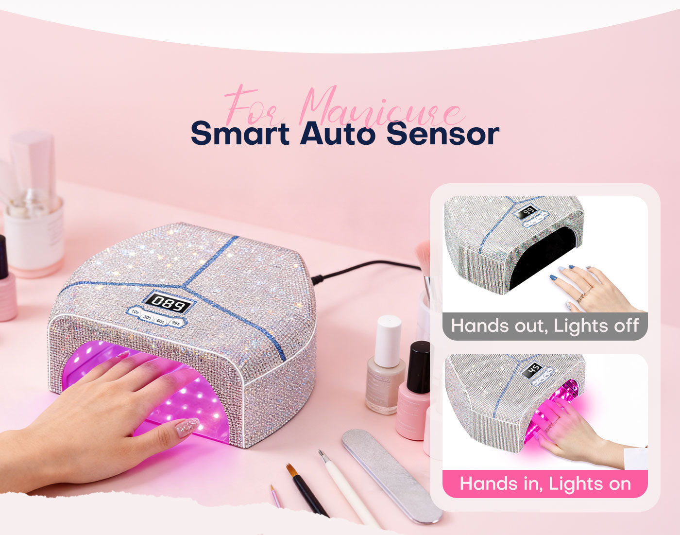 Gugusure rhinestone UV LED nail lamp with smart auto sensor, automatically turning on when hands are inserted and off when removed