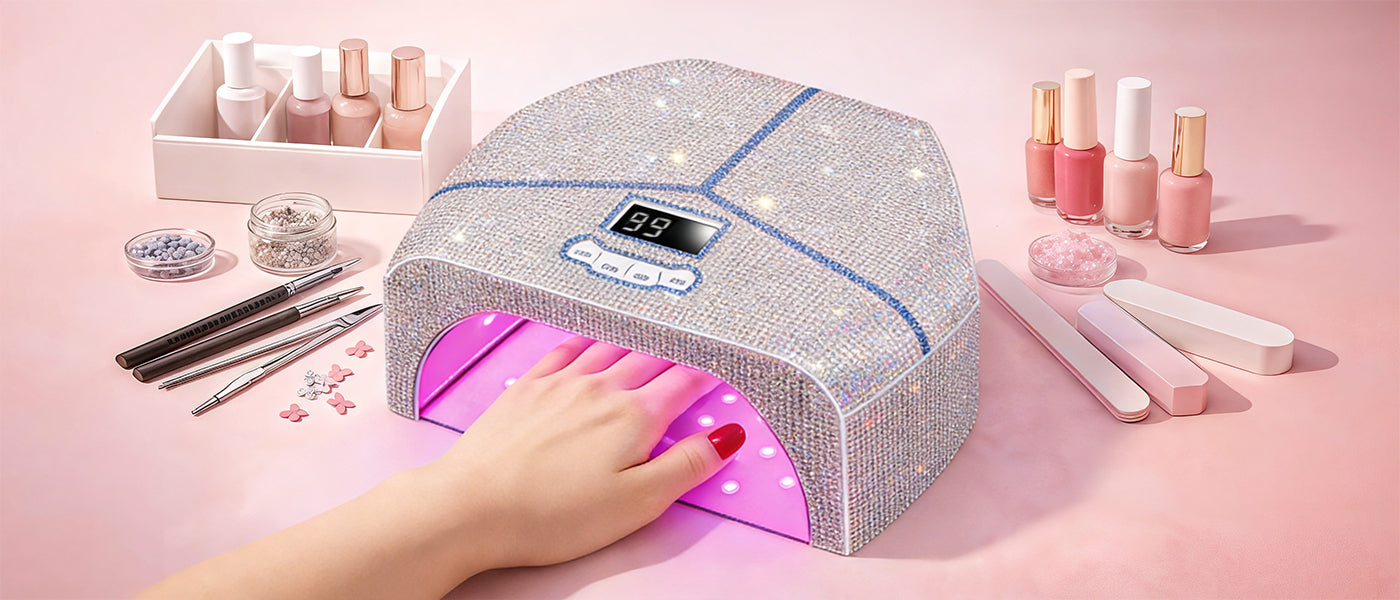 Gugusure UV LED nail lamp collection showcasing a luxury rhinestone design. High-power gel polish curing light in use, demonstrating fast drying for salon-quality manicures.