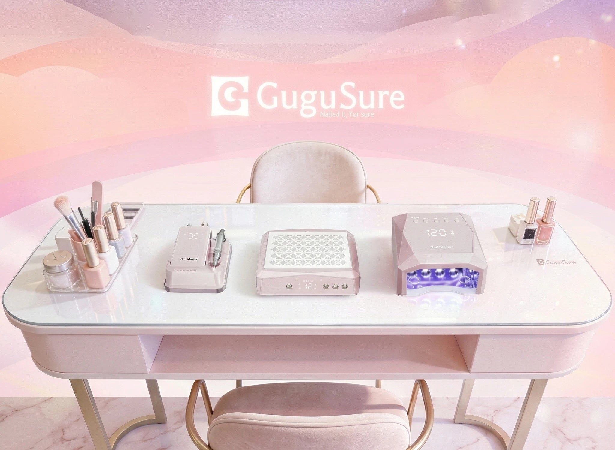 Gugusure pro-grade pink rechargeable UV nail lamp and cordless e-file drill set. The ultimate salon station upgrade for professional nail techs.