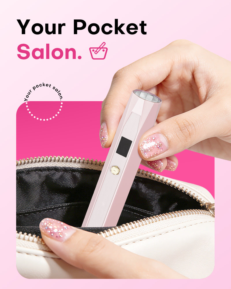 Your Pocket Salon. Woman placing the ultra-portable Gugusure pink wand nail lamp into a purse for easy travel.