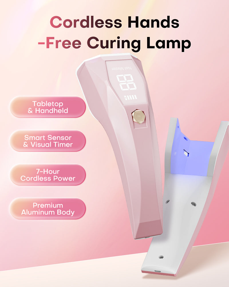 Infographic of the Gugusure premium aluminum cordless curing lamp with 7-hour power and visual digital timer.