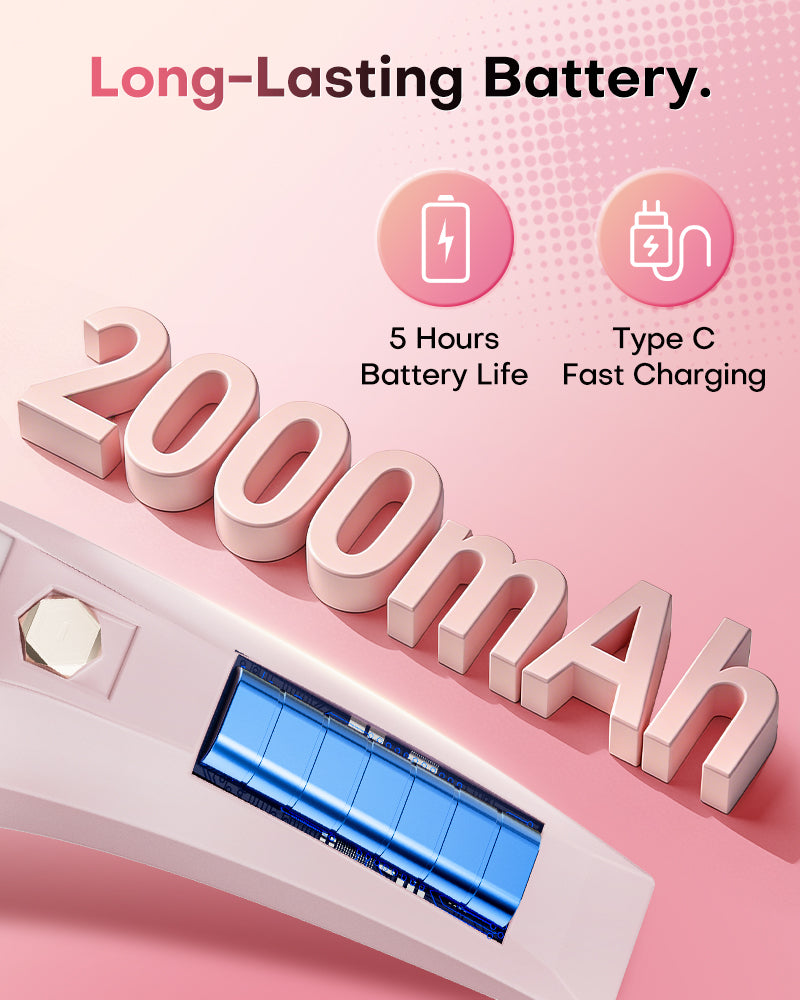 Pink cordless nail lamp featuring a 2000mAh long-lasting battery, Type C charging, and 5 hours of life.