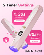 How to use the Gugusure pink nail wand: 1x press for 60s countdown, 2x press for 30s. Hold 2s to turn on/off.