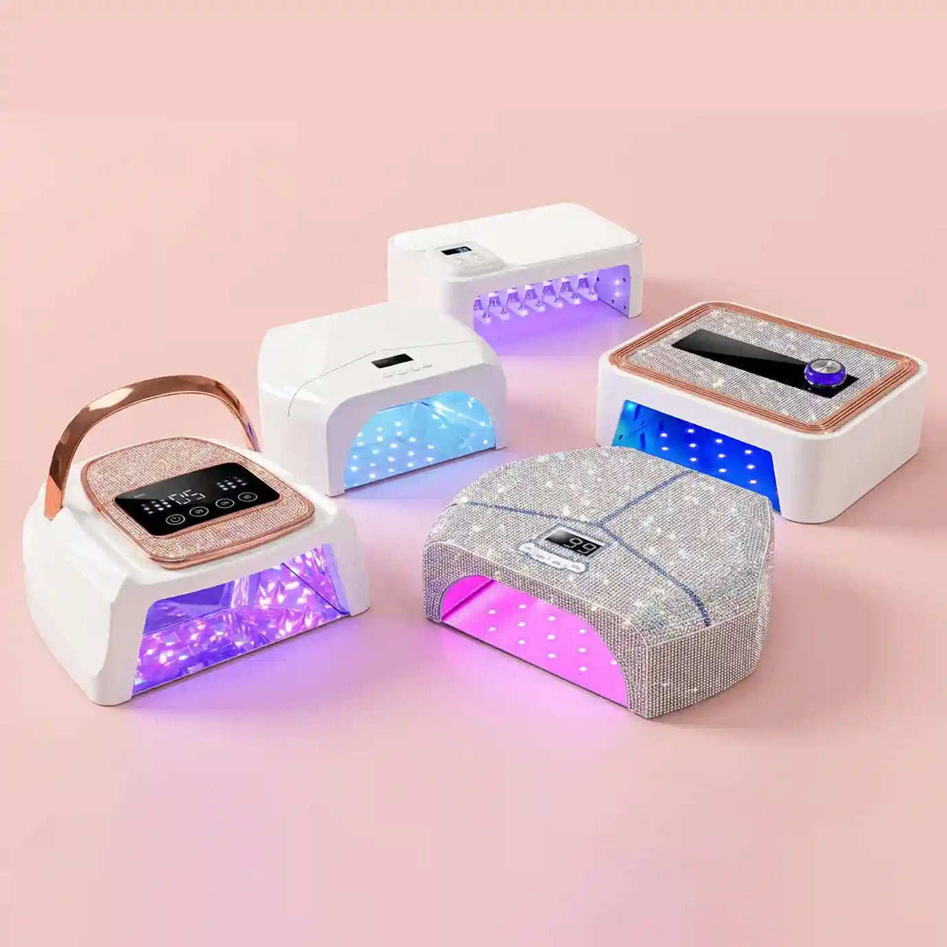 A complete collection of Gugusure UV LED nail lamps including bedazzled, rhinestone, and foldable portable models.