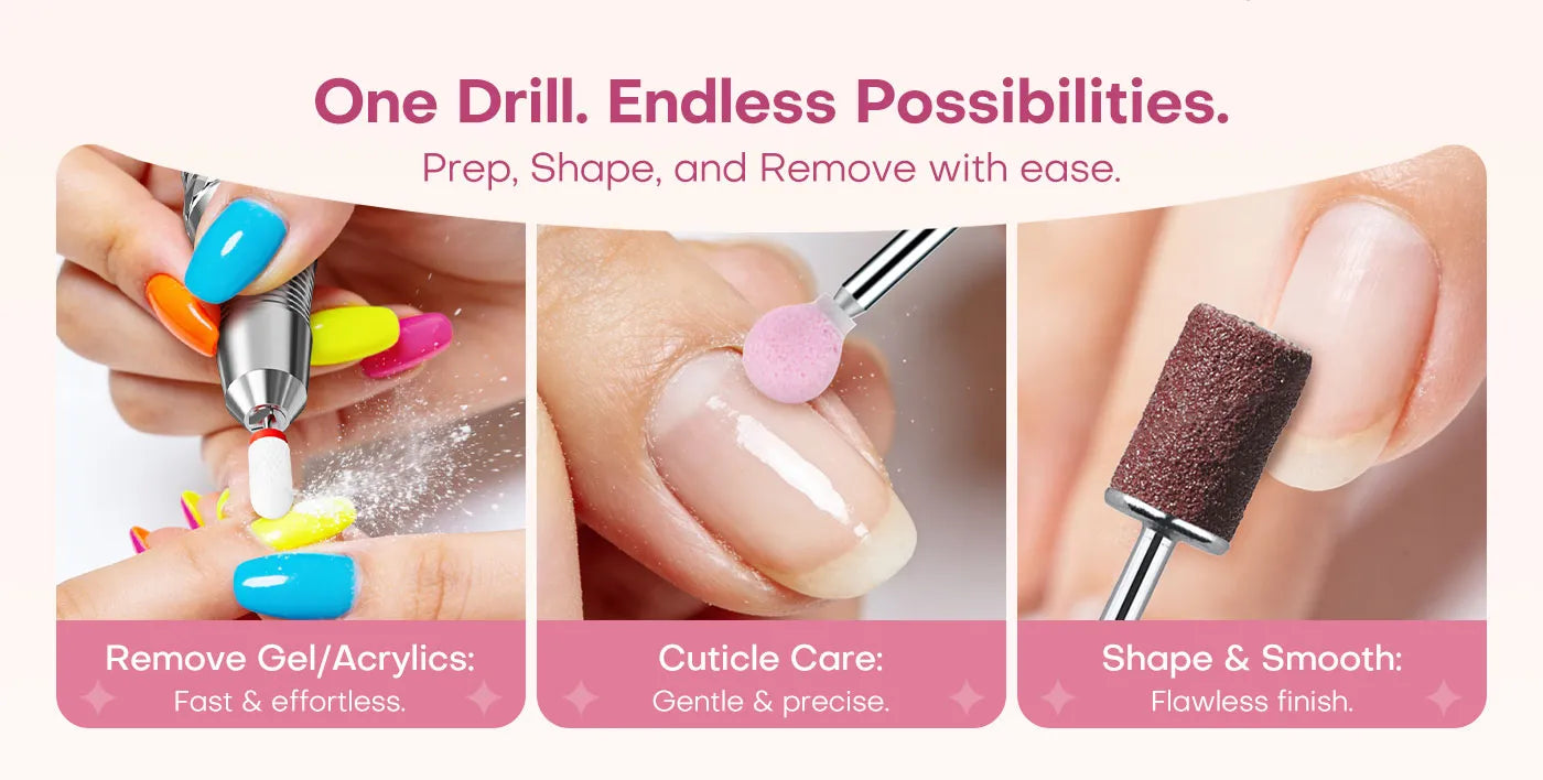 Using the Gugusure e-file as an acrylic gel removal tool and an electric cuticle file to prep, shape, and smooth nails effortlessly.
