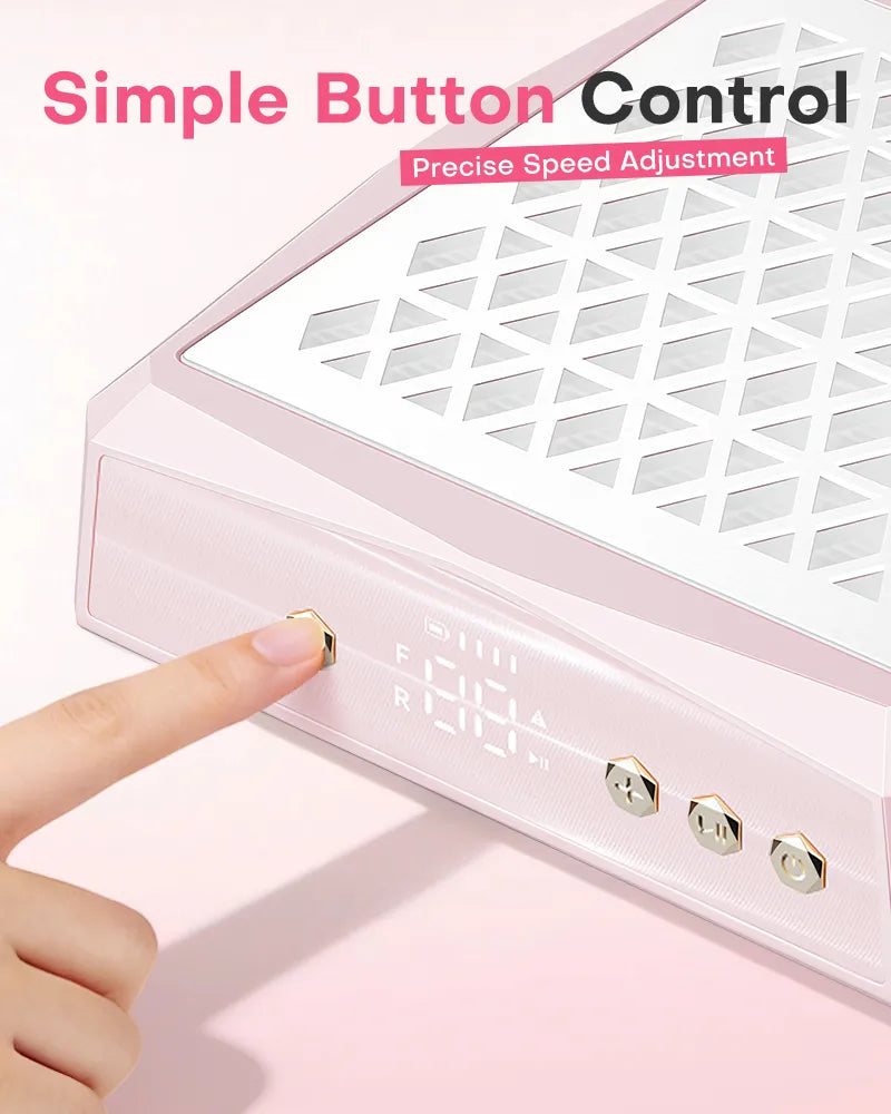 Close-up of a finger pressing the gold simple control buttons on the pink aluminum nail desk vacuum. Allows for precise speed adjustment with a sleek, blank digital display.