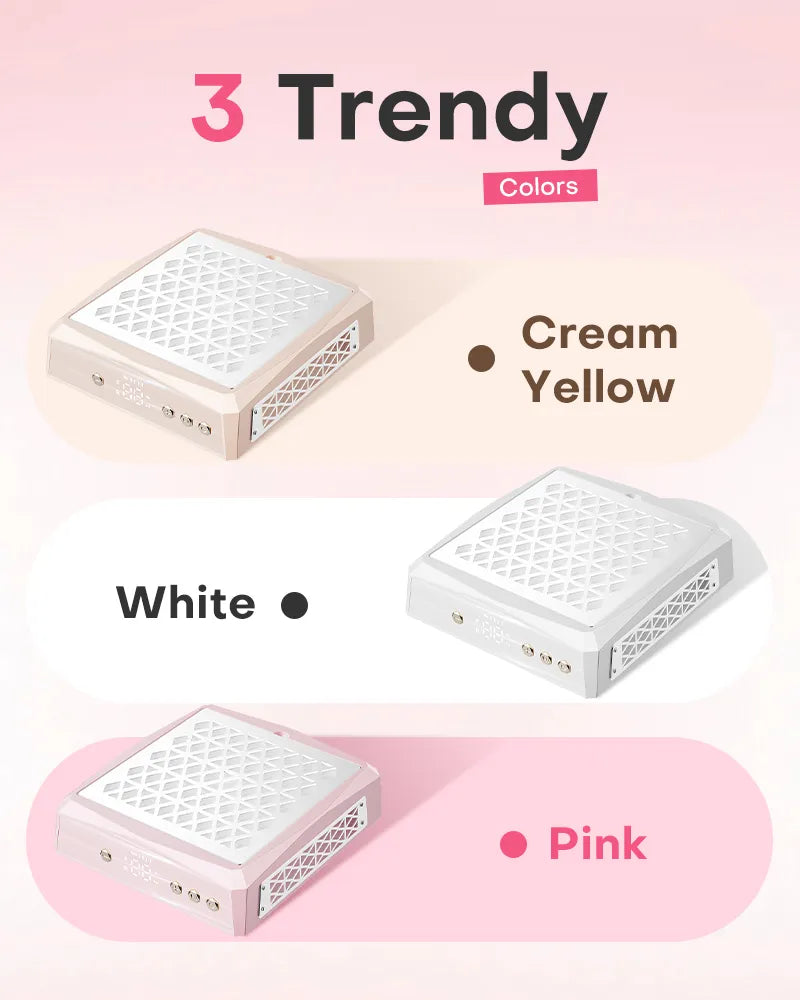 Three trendy colors of the professional alloy nail dust collector: cream yellow, minimalist white, and aesthetic pink. Perfect for matching any modern nail studio decor or home salon setup.