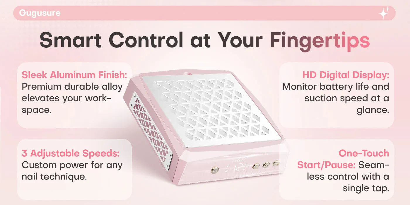 Sleek aluminum finish nail dust collector by Gugusure. Features smart fingertip controls, 3 adjustable speeds, and an HD digital display for a premium nail studio setup.