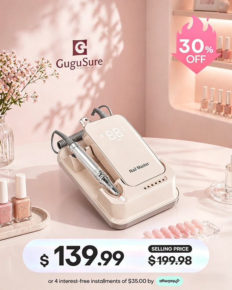 Invest in top-tier performance with this champagne gold desktop nail drill station ideal for advanced nail technicians. This luxury e-file setup showcases a modern control panel with a blank display, securely holding a high-quality rotary handpiece and your essential manicure bits in its matching organized base. Enjoy a massive 30% OFF discount bringing the price to $139.99, and maximize your budget using our easy Afterpay installment options.