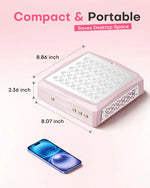 Dimensions of the compact pink aluminum nail dust collector, measuring 8.86 by 8.07 by 2.36 inches, shown next to a smartphone for scale. A space-saving and portable solution for mobile nail techs.