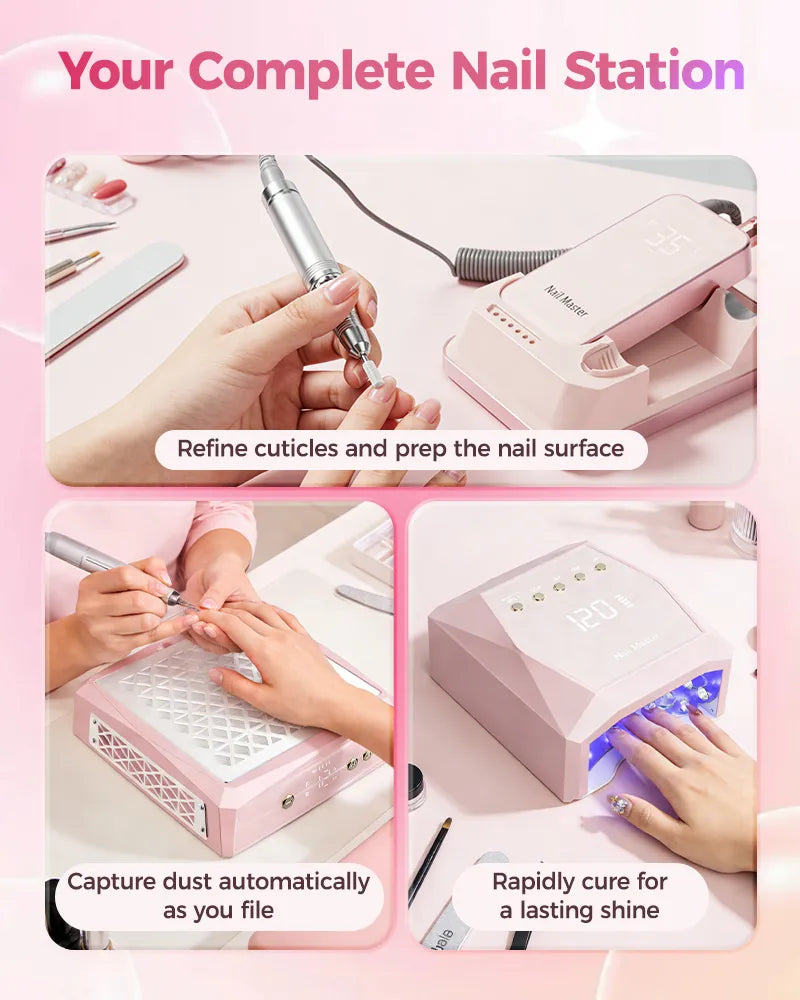 our complete nail station workflow: Step 1 refine cuticles with drill, Step 2 capture dust with vacuum, Step 3 rapid cure with LED lamp.