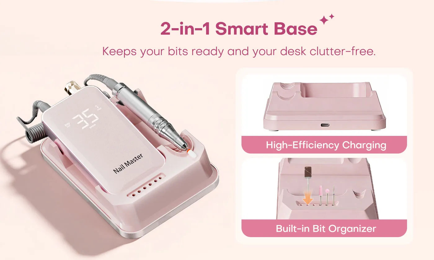 Gugusure desktop nail drill station with a smart charging base and built-in bit organizer to keep your nail desk clutter-free.