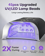 Inside view of the professional gel lamp featuring 45 upgraded dual-source UV and LED beads. Designed for 2X faster curing with 180-degree full coverage to ensure no dead zones for thumbs or pinky fingers.
