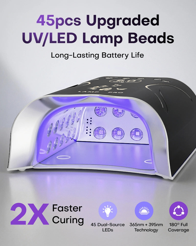 Inside view of the professional gel lamp featuring 45 upgraded dual-source UV and LED beads. Designed for 2X faster curing with 180-degree full coverage to ensure no dead zones for thumbs or pinky fingers.