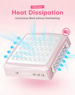 Pink aluminum nail dust collector demonstrating efficient heat dissipation with blue airflow arrows. The metal body ensures continuous work without overheating while maintaining whisper-quiet operation.