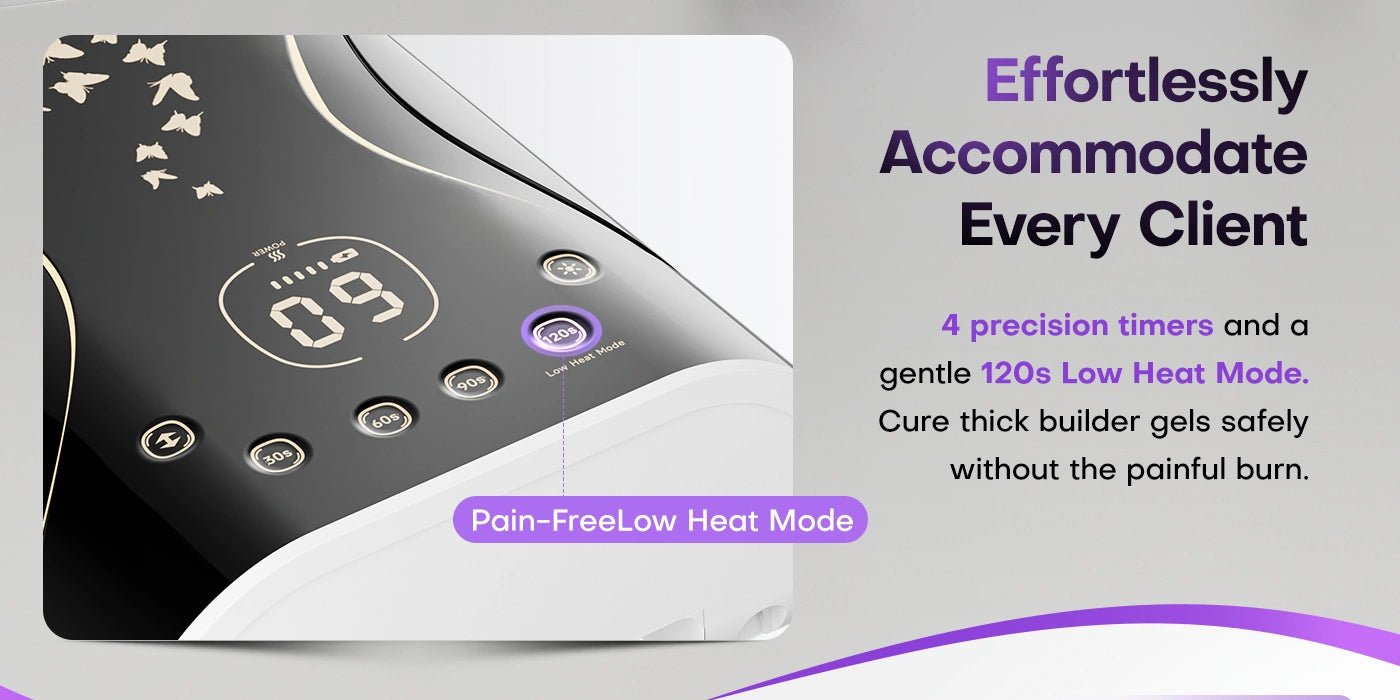 A close-up of the digital display and control buttons on the Gugusure gel nail lamp, highlighting the four precision timers and the 120-second low heat mode. This pain-free setting is specifically designed to safely cure thick builder gels while effectively preventing uncomfortable heat spikes for a more pleasant client experience.