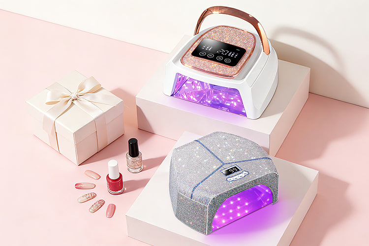The Gugusure Bling Diamond Collection featuring two luxury rhinestone UV LED nail lamps, beautifully displayed with a white gift box for nail art lovers.