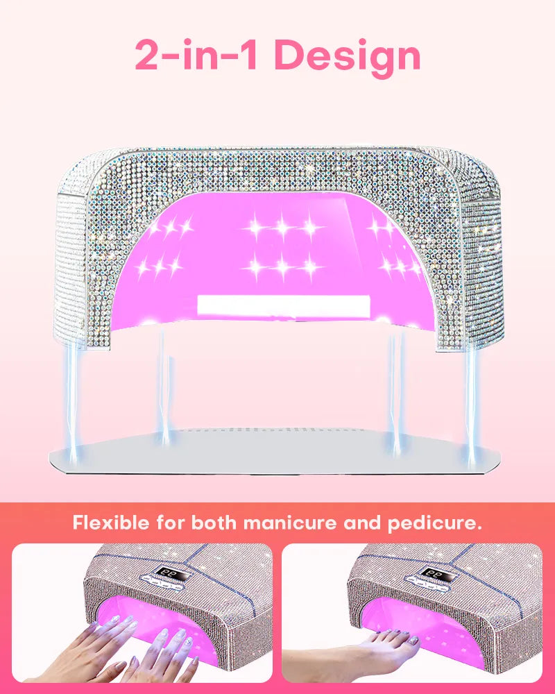 Gugusure 2-in-1 design rhinestone nail lamp with a removable base, flexible for both professional manicures and pedicures.
