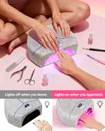 Gugusure luxury rhinestone nail lamp with smart infrared auto-sensor technology. Demonstrating hands-free operation: lights on when hands approach and off when they leave, perfect for a mess-free home salon experience.