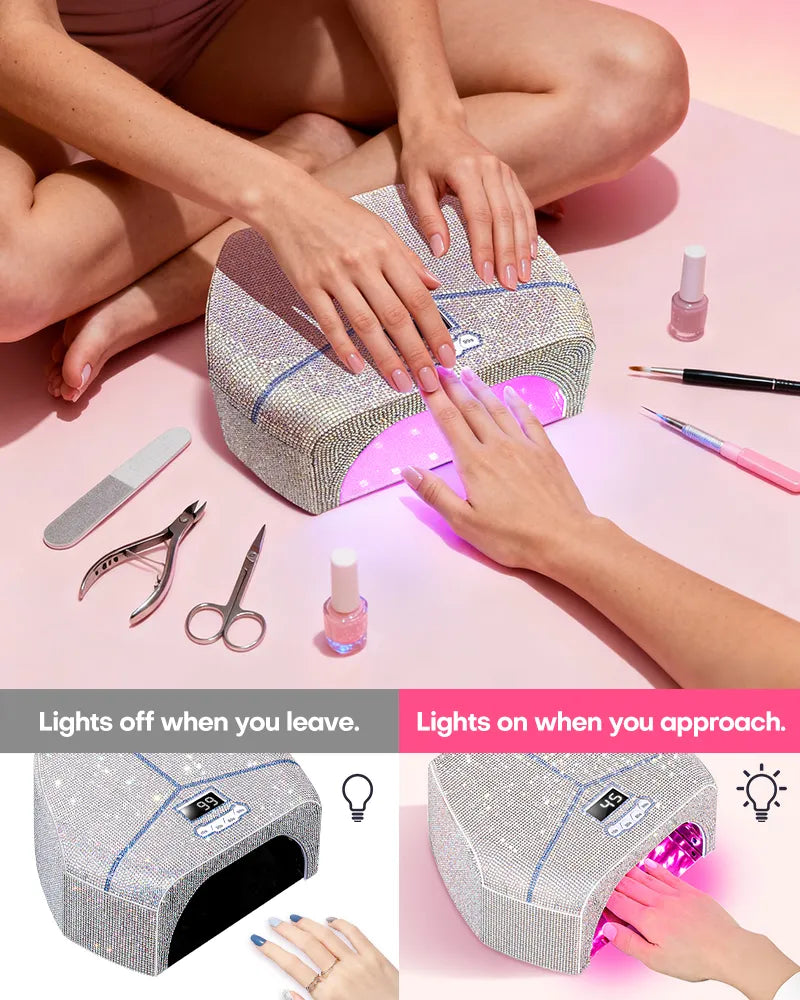 Gugusure luxury rhinestone nail lamp with smart infrared auto-sensor technology. Demonstrating hands-free operation: lights on when hands approach and off when they leave, perfect for a mess-free home salon experience.