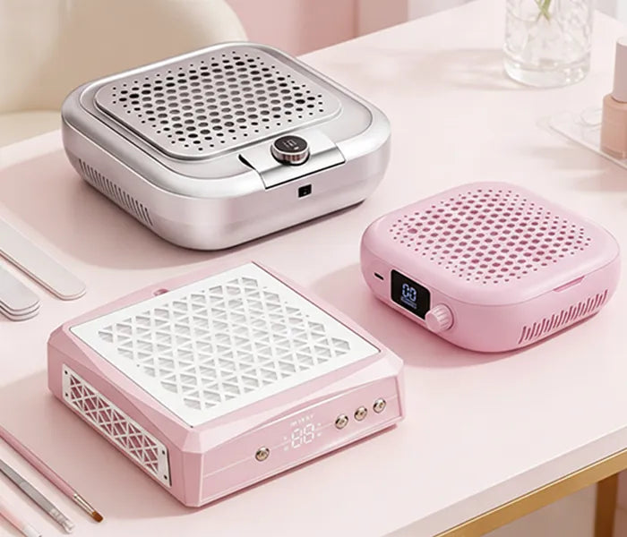 A versatile lineup of rechargeable nail vacuum fans, showing different cordless models designed for a clean, wire-free home salon setup.
