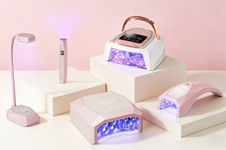 A versatile series of cordless UV LED nail dryers displayed on aesthetic pedestals, offering flash cure and full cure solutions for nail art lovers.