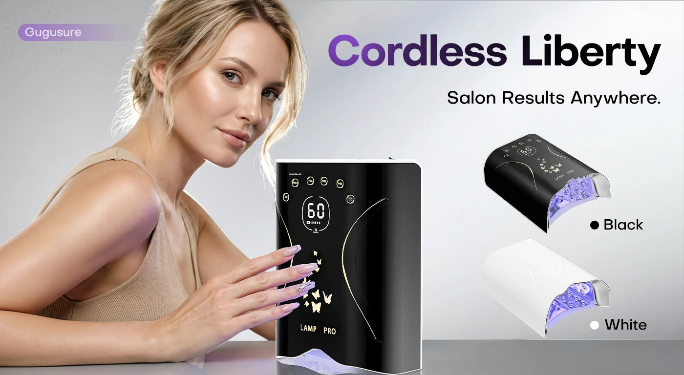 This is the Gugusure cordless UV LED nail lamp in both black and white models, featuring a sleek butterfly design on the top. The image showcases this professional-grade gel nail light designed to deliver salon results anywhere, making it a perfect addition to any home nail care setup or professional workspace.