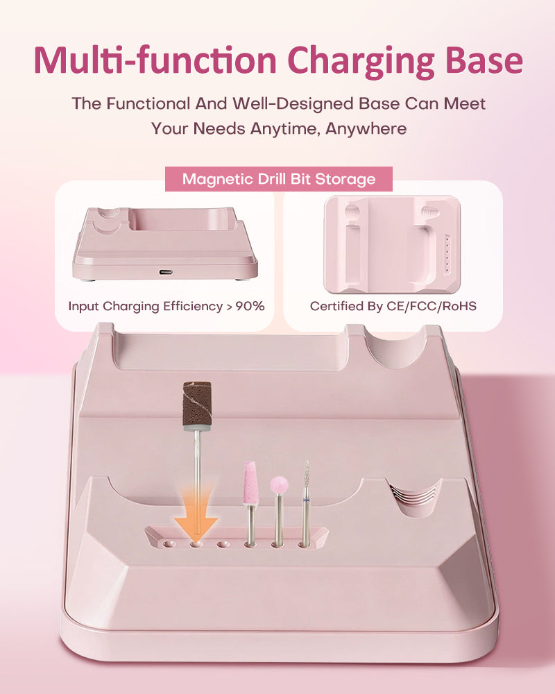Gugusure multi-function desktop charging base featuring magnetic drill bit storage and high-efficiency wireless charging contact.