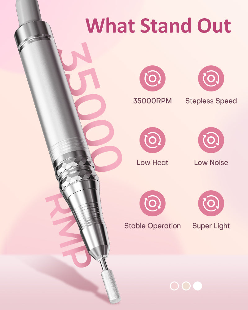 Close-up of Gugusure lightweight handpiece featuring a 35000 RPM stepless speed motor, designed for low heat, low noise, and stable operation.