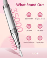 Close-up of Gugusure lightweight handpiece featuring a 35000 RPM stepless speed motor, designed for low heat, low noise, and stable operation.