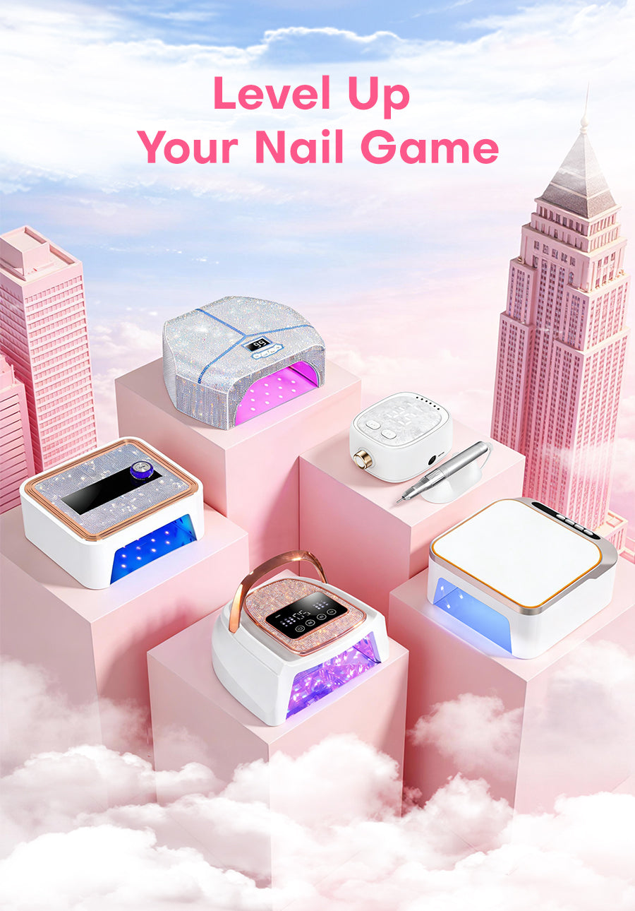 Vertical promotional banner for Gugusure nail tools. Shows a collection of glittery UV LED nail lamps and a white electric nail file. Text overlay "Level Up Your Nail Game" encourages users to upgrade their home manicure setup.