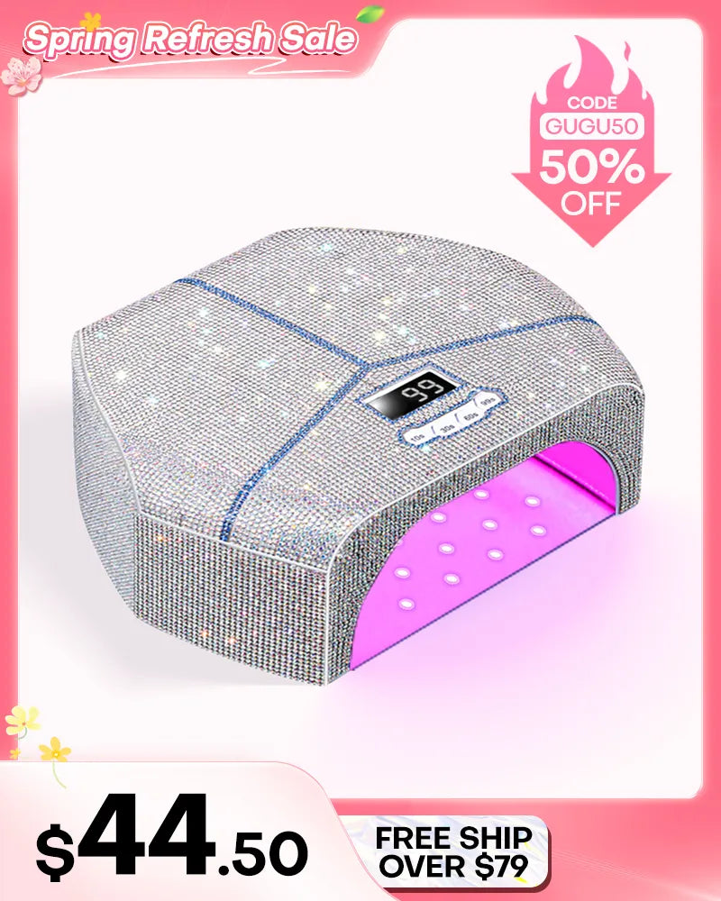 Luxury crystal bling nail lamp by Gugusure. Sparkly rhinestone gel nail dryer perfect for vanity setup or as a glamorous gift for nail lovers.