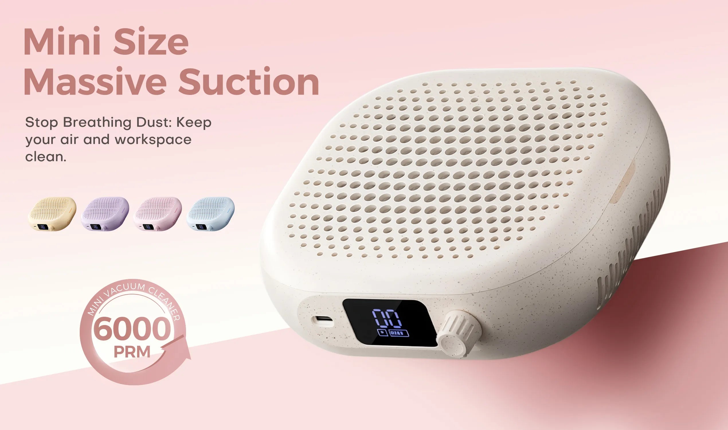 Gugusure mini nail dust collector with massive suction and a 6000 RPM powerful motor. Compact desktop nail vacuum cleaner designed to keep your workspace clean, available in four aesthetic pastel colors.