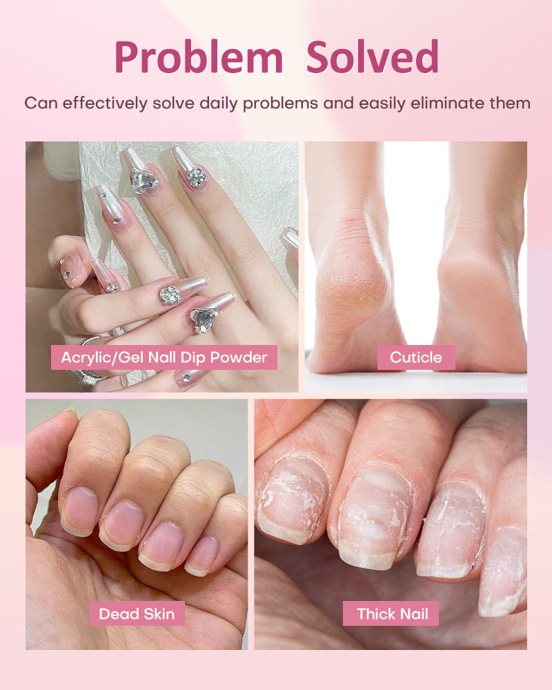 Demonstration of Gugusure nail drill applications: effectively removing acrylics, dip powder, dead skin cuticles, and smoothing thick natural nails.