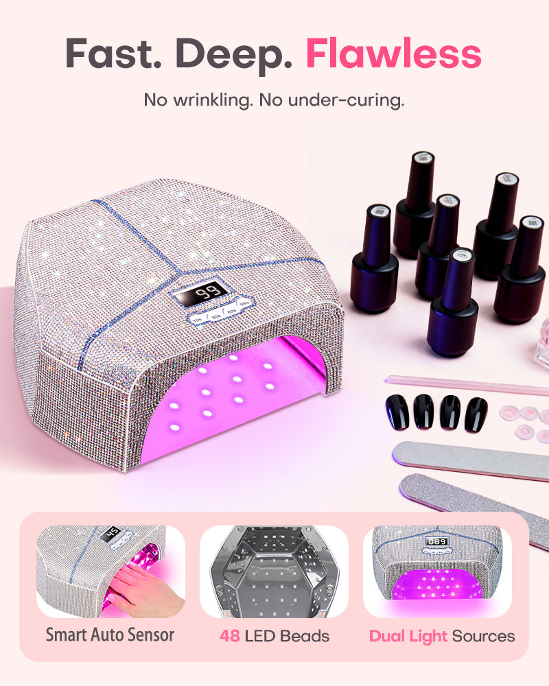 Gugusure professional nail dryer features including smart auto sensor, 48 LED beads, and dual light sources to ensure no wrinkling or under-curing.