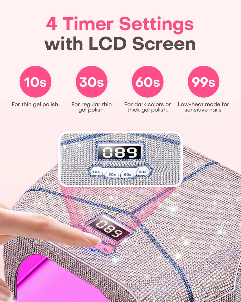 Gugusure smart nail lamp with LCD screen showing 4 timer settings: 10s, 30s, 60s, and 99s low-heat mode for sensitive nails.