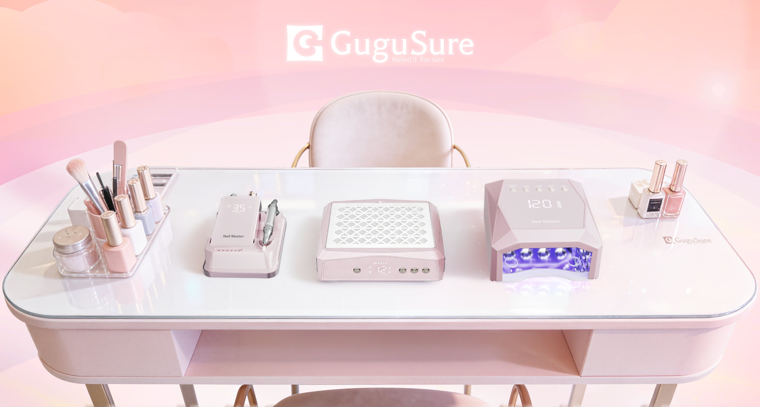 Gugusure pro-grade pink rechargeable UV nail lamp and cordless e-file drill set. The ultimate salon station upgrade for professional nail techs.