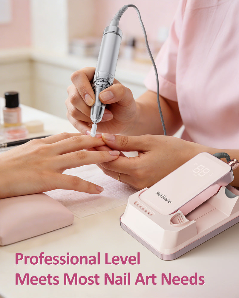 A professional manicure session using the Gugusure electric nail file, showing precision control for salon-quality nail art preparation.