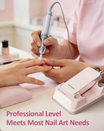A professional manicure session using the Gugusure electric nail file, showing precision control for salon-quality nail art preparation.