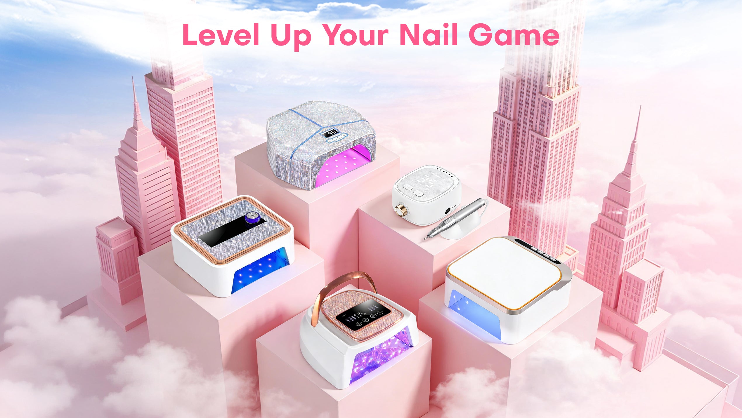 Gugusure professional home nail salon equipment displayed on pink pedestals, featuring rhinestone UV LED nail lamps and portable nail drills. The banner text reads "Level Up Your Nail Game" against a dreamy city skyline.
